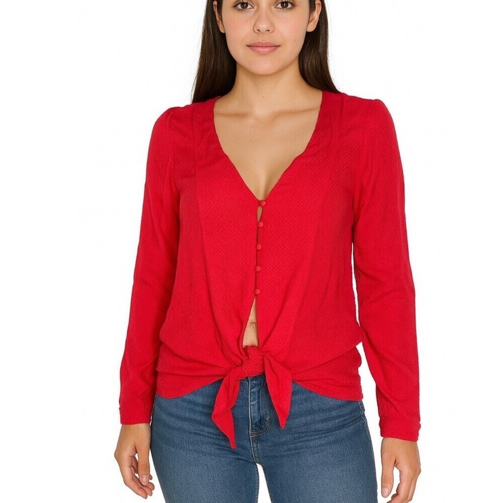 Silence + Noise blouse cardigan red button up lightweight waist tie top Sz Sm